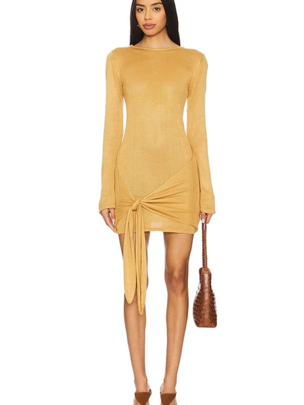NWT Flook Long-Sleeve Knot Front Mini Dress in Mustard